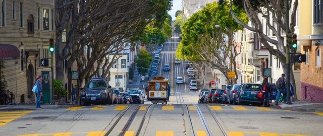 street view of trolley rails going down san francisco streets.